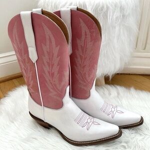 Dingo Hold Yer Horses Vintage Western Snip Toe Pink White Boots [FLAWS!] Size 7